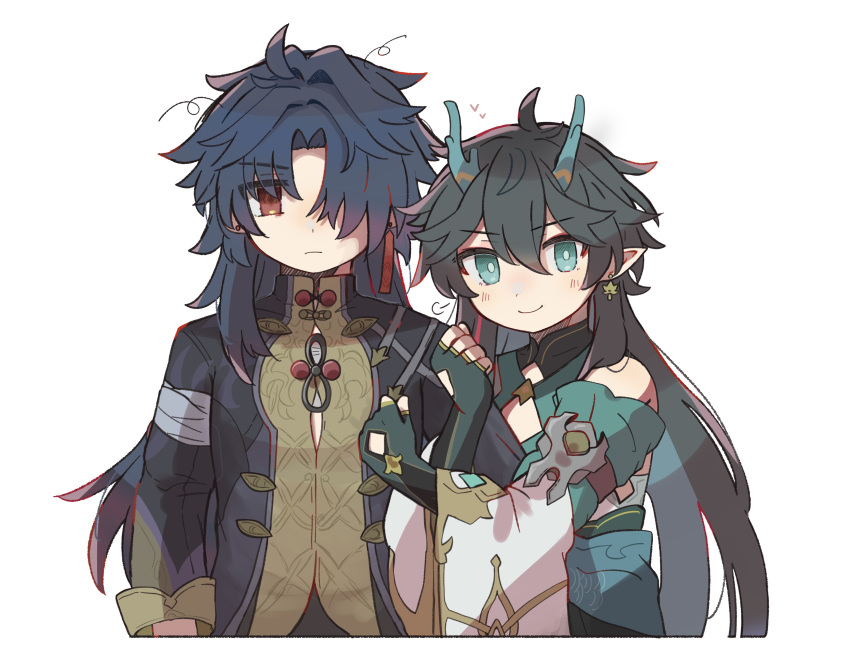 &gt;:( &gt;:) 2boys absurdres aqua_eyes aqua_horns aqua_sash arm_at_side arm_hug bandaged_arm bandages bandages_over_clothes bare_shoulders black_coat black_gloves black_hair blade_(honkai:_star_rail) blue_hair blush button_gap buttons cleavage_cutout closed_mouth clothing_cutout coat collared_coat collared_shirt commentary_request dan_heng_(honkai:_star_rail) dan_heng_(imbibitor_lunae)_(honkai:_star_rail) detached_sleeves dot_nose earrings eyeliner eyes_visible_through_hair fingerless_gloves gloves hair_over_one_eye hara_(nanohara) heart highres honkai:_star_rail honkai_(series) horn_ornament horns jewelry long_hair long_sleeves looking_at_viewer makeup male_focus messy_hair multiple_boys one_eye_covered open_clothes open_coat pointy_ears red_eyeliner red_eyes shirt simple_background sleeve_cuffs smile upper_body v-shaped_eyebrows very_long_hair waist_sash white_background yaoi yellow_shirt