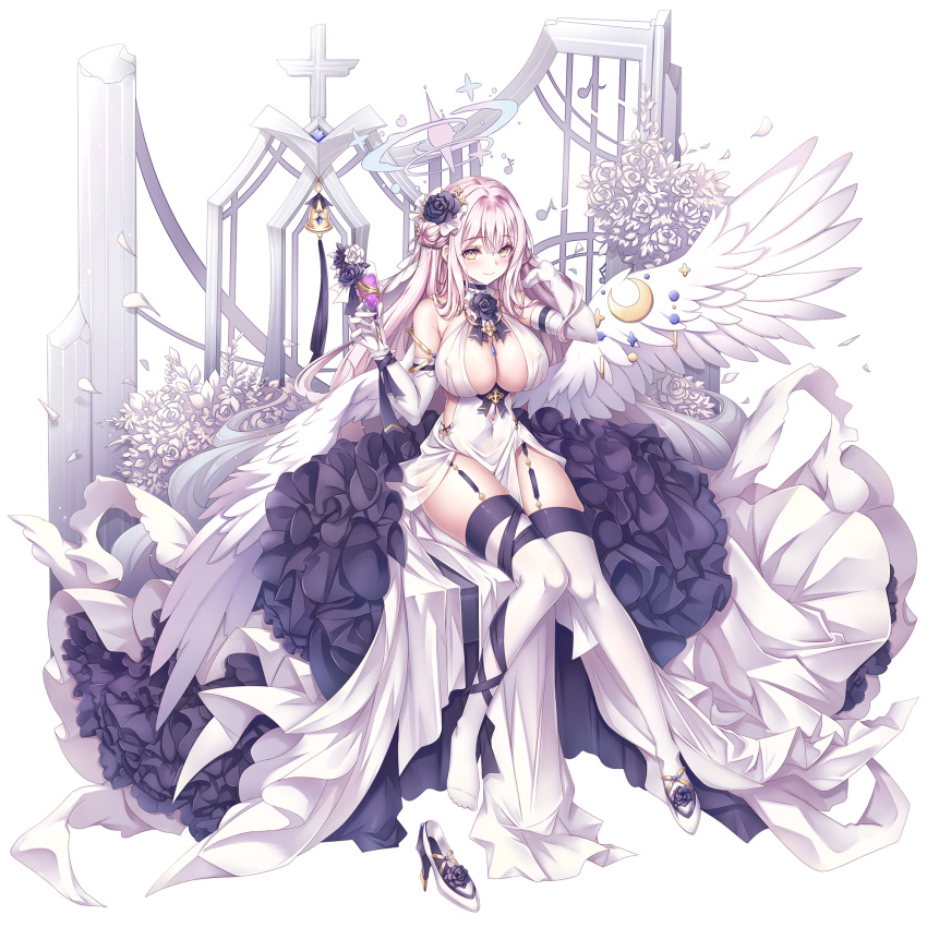 1girl aata1007 bare_shoulders blue_archive breasts cleavage dress flower full_body high_heels highres large_breasts long_hair looking_at_viewer mika_(blue_archive) sitting smile solo thighs white_dress wings