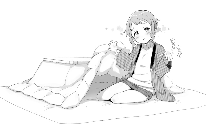 1girl blush coat denim denim_skirt dot_nose english_commentary greyscale idolmaster idolmaster_million_live! kotatsu long_sleeves looking_at_viewer makabe_mizuki minazuki_tooru miniskirt monochrome parted_lips short_hair sidelocks sitting skirt solo striped_coat sweater table thighs turtleneck vertical-striped_coat wavy_hair white_background