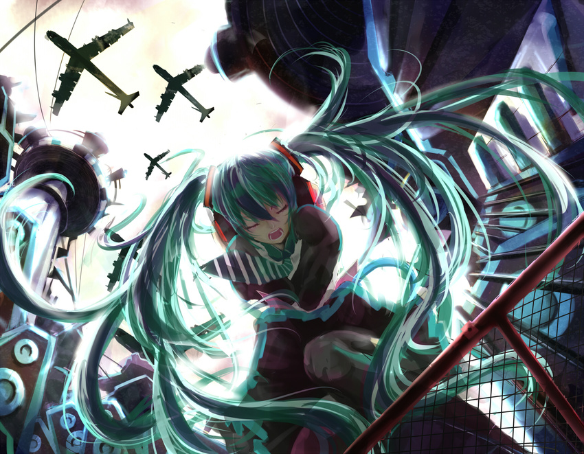 aircraft airplane aqua_hair b-52_stratofortress bad_id bad_pixiv_id closed_eyes detached_sleeves feirla from_below hatsune_miku headphones highres koi_wa_sensou_(vocaloid) long_hair military necktie open_mouth skirt solo striped thighhighs twintails very_long_hair vocaloid