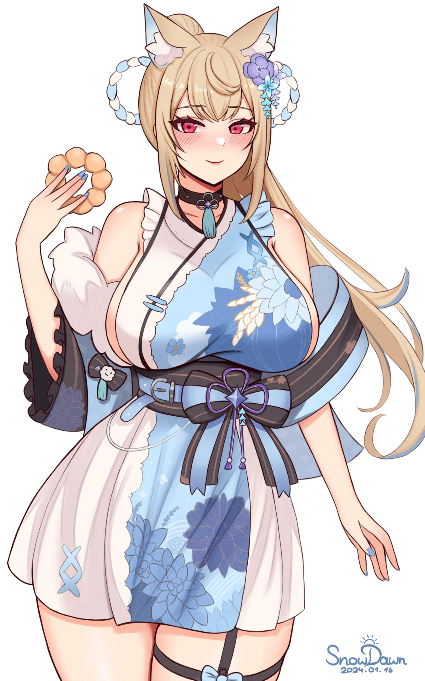 1girl absurdres animal_ear_fluff animal_ears blonde_hair blue_hair blue_kimono blush breasts dog_ears dog_girl flower food fuwawa_abyssgard fuwawa_abyssgard_(new_year) hair_flower hair_ornament highres holding holding_food hololive hololive_english japanese_clothes kimono large_breasts long_hair looking_at_viewer multicolored_hair official_alternate_costume pink_eyes ponytail sideless_kimono sleeveless snow_dusk streaked_hair thick_thighs thighs virtual_youtuber wide_hips
