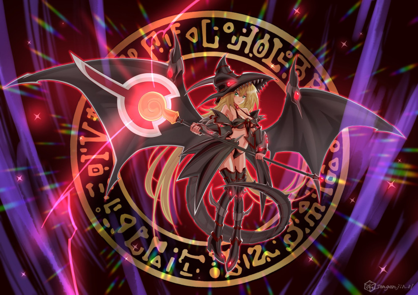 1girl alternate_hair_length alternate_hairstyle artist_name bikini blonde_hair boots cosplay dark_magical_circle dark_magician_girl dragon_tail dragon_wings duel_monster full_body green_eyes hat highres holding holding_staff long_hair red-eyes_black_dragon red-eyes_black_dragon_(cosplay) sengenjin31 solo staff swimsuit tail tan thighhighs very_long_hair wings yu-gi-oh!