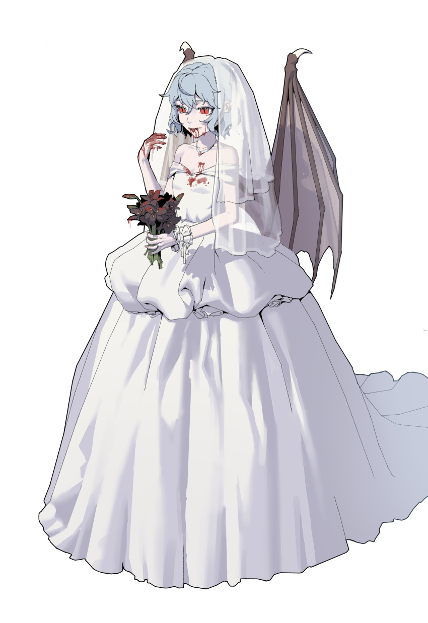 1girl absurdres alternate_costume bare_shoulders black_flower blood blood_drip blood_from_mouth blood_on_clothes blood_on_dress blood_on_face blood_on_flower blood_on_hands blue_hair bouquet breasts bridal_veil commentary_request crinoline demon_wings dress flower full_body hand_up highres holding holding_bouquet hoop_skirt jewelry looking_ahead necklace off-shoulder_dress off_shoulder red_eyes red_nails remilia_scarlet ring see-through short_hair simple_background slit_pupils small_breasts touhou veil wedding_dress wedding_ring white_background white_dress white_wrist_cuffs wings wrist_cuffs youpofen