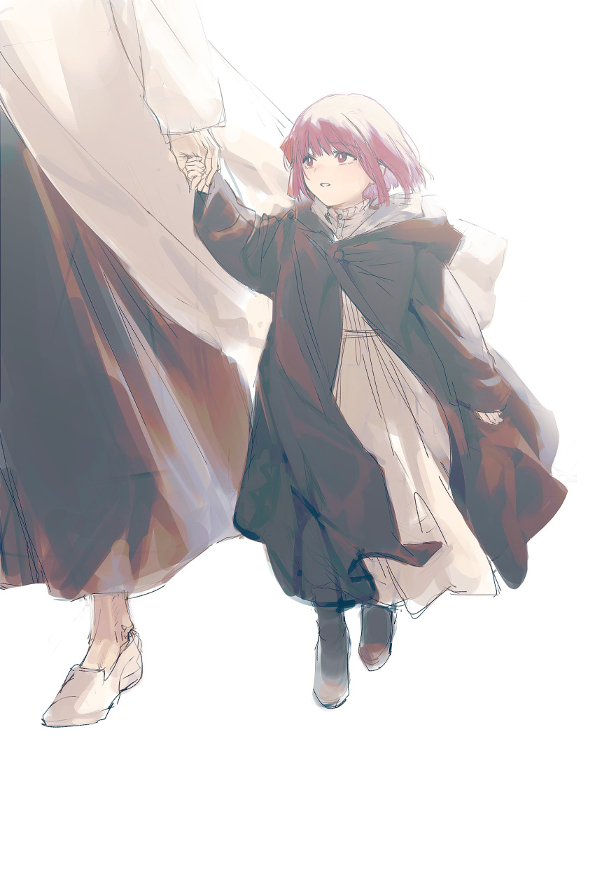 1boy 1girl absurdres aged_down black_coat black_footwear black_robe bob_cut cloak coat dress fern_(sousou_no_frieren) heiter highres holding_hands looking_at_another looking_up purple_eyes purple_hair robe simple_background solo_focus sousou_no_frieren sowb white_background white_cloak white_dress white_footwear