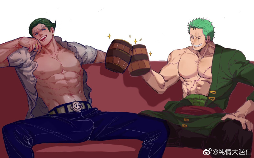 2boys abs bara bare_pectorals blonde_hair color_connection curly_eyebrows feet_out_of_frame glint green_hair grin highres large_pectorals male_focus multiple_boys muscular muscular_male navel nipples one_piece pectorals roronoa_zoro scar scar_across_eye short_hair smile sparkling_aura spread_legs stomach sweetdou3 toasting_(gesture) vinsmoke_yonji