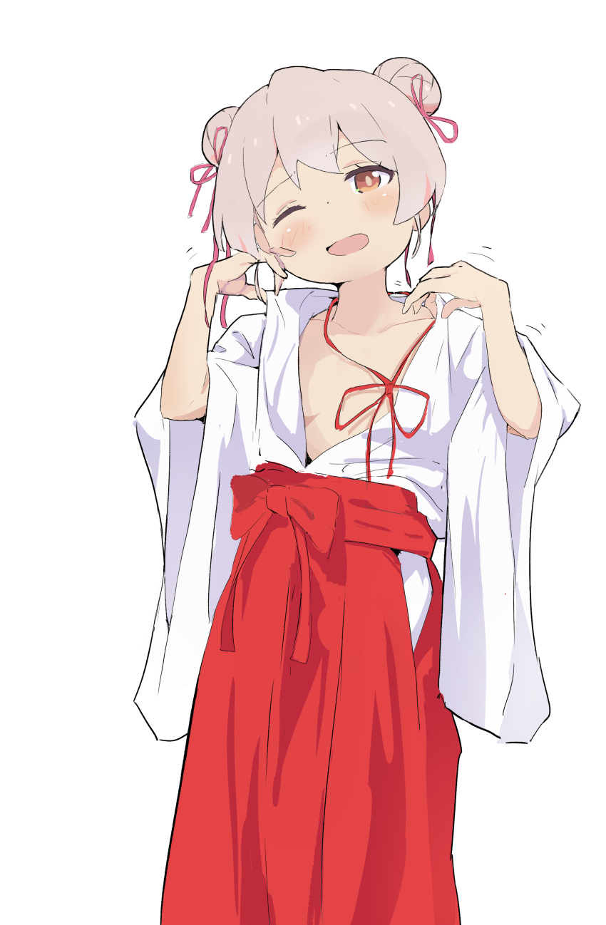 1girl absurdres blush bow breasts collarbone double_bun genderswap genderswap_(mtf) grey_hair hair_bow hair_bun hakama highres japanese_clothes kimono miko multicolored_hair murairamuraiari one_eye_closed onii-chan_wa_oshimai! open_mouth oyama_mahiro pink_hair red_bow red_hakama red_ribbon ribbon small_breasts solo white_background white_kimono