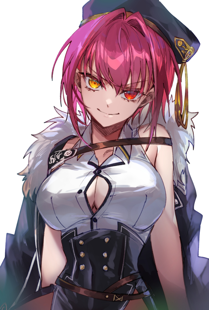 1girl arm_support breasts facing_viewer fur_trim hair_between_eyes hair_intakes hat heterochromia highres hololive houshou_marine houshou_marine_(businesswoman) jacket jacket_on_shoulders kairi_(kai_ri) looking_at_viewer medium_breasts pink_hair popped_button red_eyes red_hair shirt short_hair sketch smile upper_body virtual_youtuber waistcoat white_background white_shirt yellow_eyes