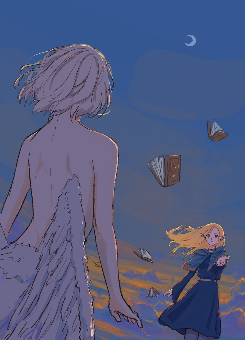 2girls arm_at_side back beckoning belt blonde_hair blue_capelet blue_robe blue_sky body_fur book capelet cloud crescent_moon cuvier3240 dungeon_meshi dutch_angle elf facing_another falin_thorden feathered_wings floating floating_book floating_hair floating_object grey_hair hand_up highres hood hood_down hooded_capelet long_hair long_sleeves looking_at_another marcille_donato monster_girl moon multiple_girls nude outstretched_arm pants parted_bangs pointy_ears robe sandals short_hair single_wing sky spoilers sunlight twilight white_pants wings