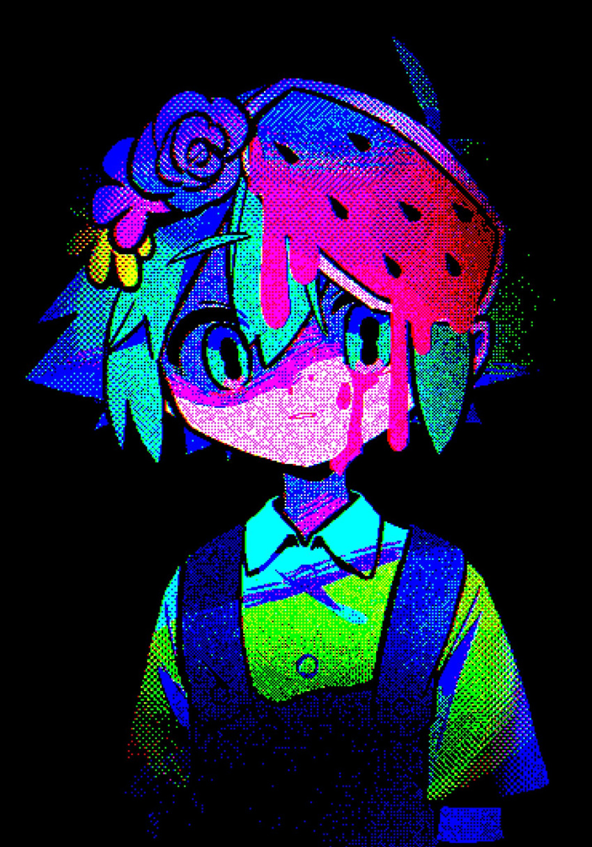 1boy basil_(omori) black_background black_eyes blood blood_on_face buttons collared_shirt despair dripping flower food fruit green_eyes green_hair grey_overalls hair_flower hair_ornament highres horror_(theme) looking_at_viewer male_focus menma_(enaic31) omori overalls pixelated shaded_face shirt short_hair simple_background solo watermelon