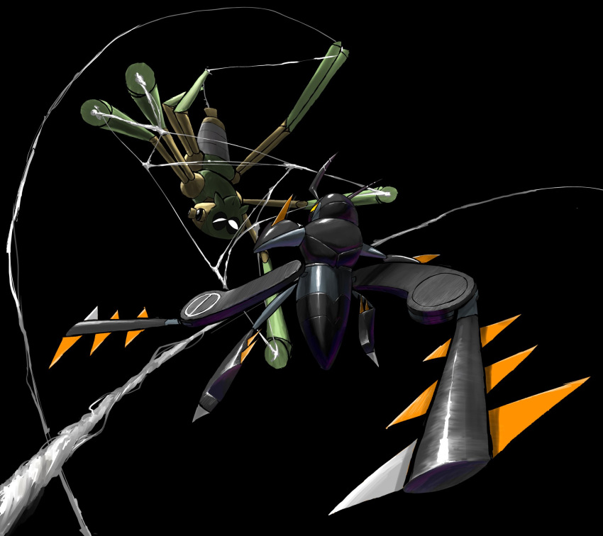 black_background claws commentary_request eye_contact futena_goze highres lokix looking_at_another no_humans pokemon pokemon_(creature) silk simple_background spidops white_eyes yellow_eyes