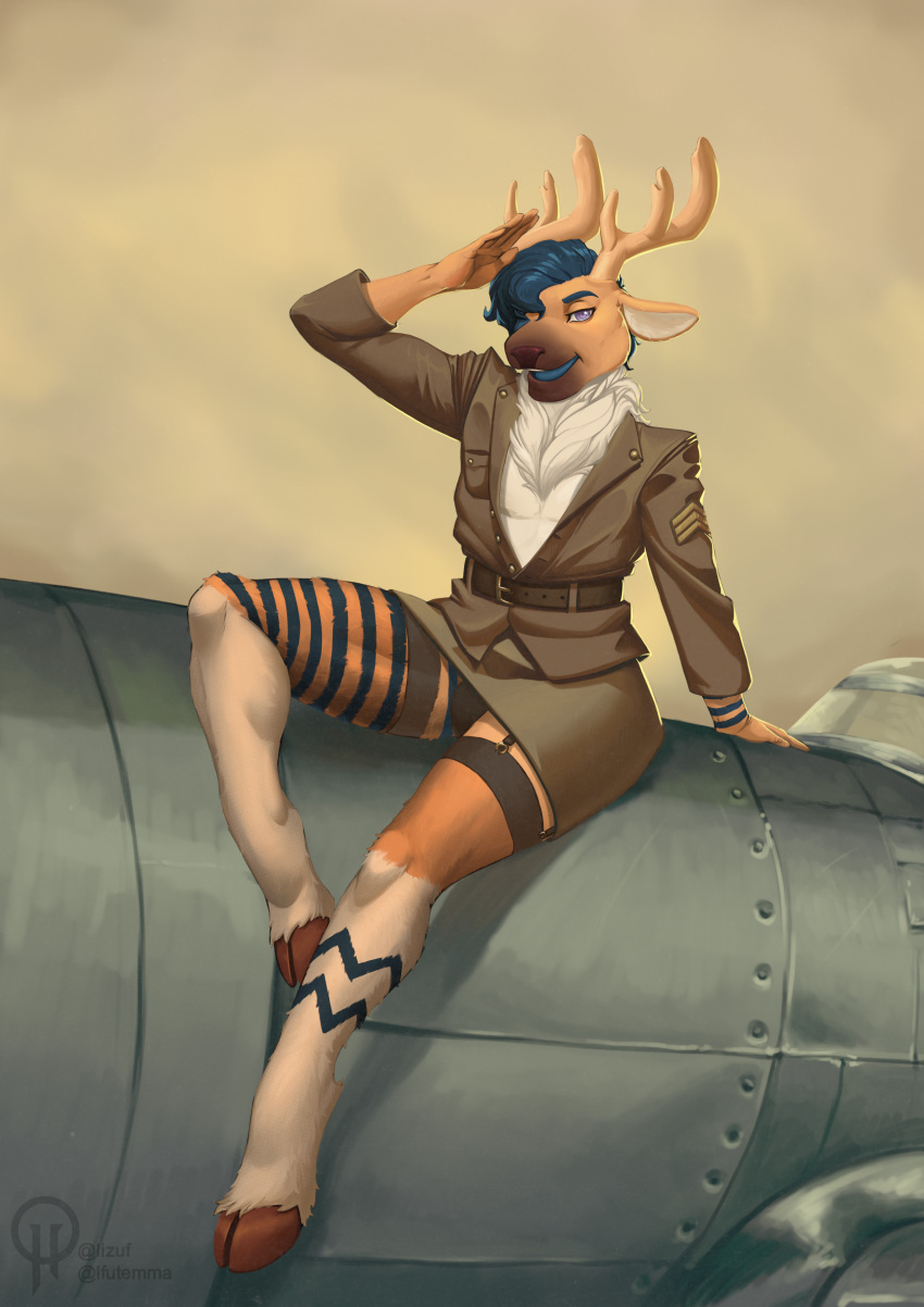 absurd_res aircraft airplane anthro army_uniform bottomwear bulge clothed clothing crossdressing deer garter_straps gesture girly hi_res huge_filesize lizuf_(artist) male mammal new_world_deer pinup pose reindeer salute saturdaii_(fauxcroft) skirt solo solo_focus