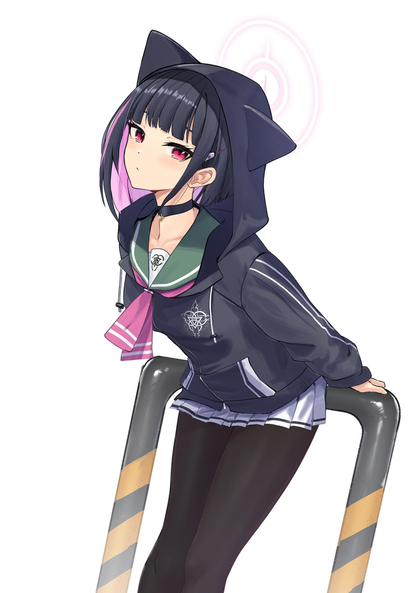 1girl black_choker black_hair black_jacket black_pantyhose blue_archive choker colored_inner_hair commentary feet_out_of_frame hair_ornament hairclip halo highres hood hood_up hooded_jacket jacket kazusa_(blue_archive) long_sleeves multicolored_hair pantyhose pink_hair pink_halo pleated_skirt ranyu red_eyes short_hair simple_background skirt solo symbol-only_commentary white_background white_skirt