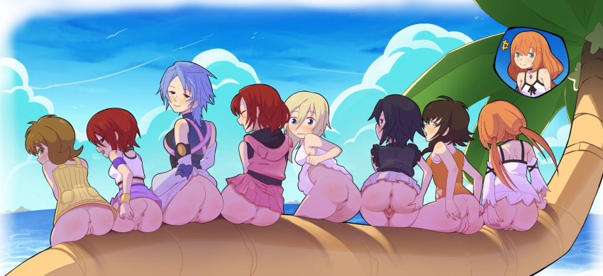 6+girls anus aqua_(kingdom_hearts) ass blonde_hair blue_hair bottomless breasts brown_hair clothes_lift commentary detached_sleeves dress dress_lift english_commentary final_fantasy final_fantasy_viii highres kairi_(kingdom_hearts) kingdom_hearts kingdom_hearts_358/2_days kingdom_hearts_birth_by_sleep kingdom_hearts_chain_of_memories kingdom_hearts_i kingdom_hearts_ii kingdom_hearts_iii kingdom_hearts_x leaning_forward looking_at_viewer looking_back low_twintails medium_breasts medium_hair multiple_girls namine no_panties ocean olette palm_tree pussy red_hair selphie_tilmitt short_hair skirt skirt_lift small_breasts spaghetto087 spread_pussy strelitzia_(kingdom_hearts) take_your_pick time_paradox tree twintails xion_(kingdom_hearts)
