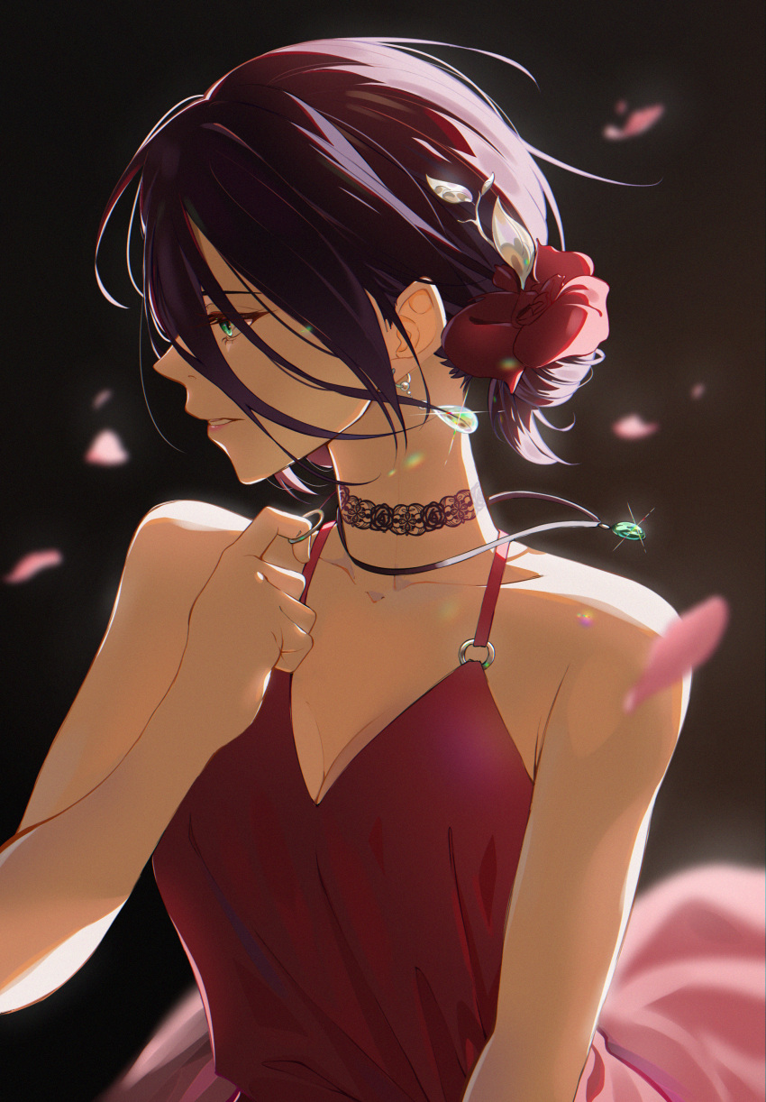 1girl absurdres backlighting bare_arms bare_shoulders breasts chainsaw_man choker closed_mouth collarbone commentary dress earrings eyelashes falling_petals floating_clothes floating_hair flower formal glint green_eyes grenade_pin hair_bun hair_flower hair_ornament hair_over_eyes hair_scrunchie highres jewelry keya_(user_pnkz5883) lace lace_choker leaf_hair_ornament lipstick looking_to_the_side makeup necklace o-ring o-ring_top parted_lips pendant petals profile purple_hair red_dress red_flower reze_(chainsaw_man) scrunchie single_hair_bun sleeveless sleeveless_dress small_breasts solo upper_body