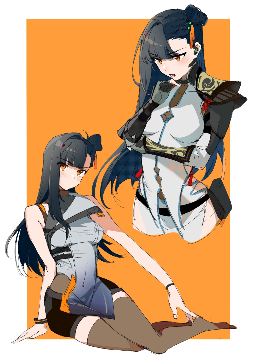 1girl absurdres armor black_hair black_shorts black_thighhighs bracelet chinese_clothes earpiece girls'_frontline girls'_frontline_2:_exilium gwendolynstore hair_ornament hand_on_own_chin highres jewelry looking_at_viewer looking_down lower_teeth_only open_mouth orange_background orange_eyes qbz-191_(girls'_frontline) shorts shoulder_armor sitting teeth thighhighs two-tone_background upper_body variations white_background