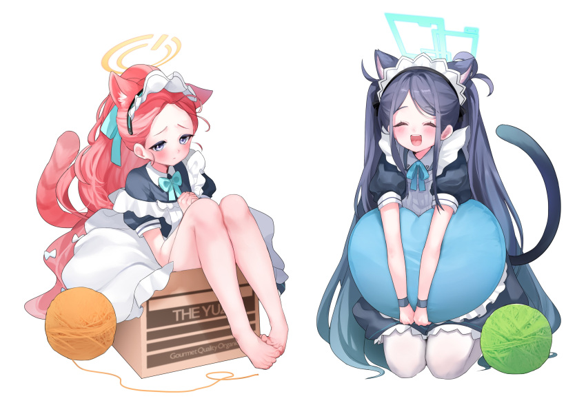 2girls absurdly_long_hair absurdres animal_ears apron aris_(blue_archive) aris_(maid)_(blue_archive) barefoot black_dress black_hair blue_archive blush cat_ears cat_tail closed_eyes closed_mouth dress frilled_apron frilled_dress frills green_halo halo highres long_hair maid_apron multiple_girls open_mouth pantyhose piyon_(pyon_piiii) puffy_short_sleeves puffy_sleeves purple_eyes red_hair short_sleeves simple_background smile tail toes twintails very_long_hair white_apron white_background white_pantyhose yellow_halo yuzu_(blue_archive) yuzu_(maid)_(blue_archive)