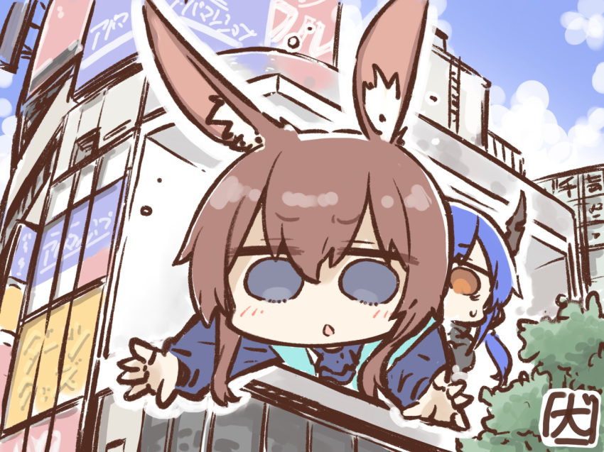 2girls akanotanin13 amiya_(arknights) animal_ear_fluff animal_ears arknights billboard blue_eyes blue_hair brown_hair ch'en_(arknights) commentary dragon_girl dragon_horns horns long_sleeves multiple_girls open_mouth orange_eyes rabbit_ears rabbit_girl shinjuku_(tokyo) shinjuku_cat