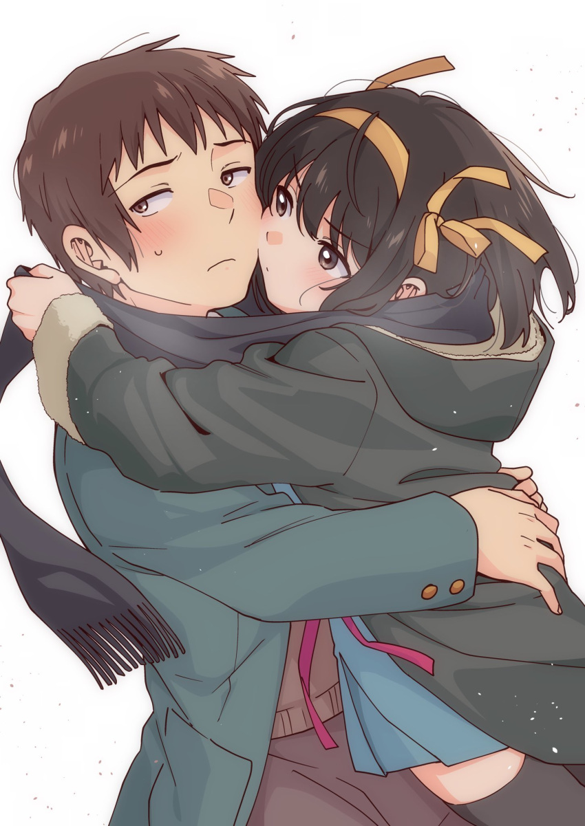 1boy 1girl black_hair black_scarf black_thighhighs blazer blue_skirt blush brown_eyes brown_hair brown_pants brown_sweater_vest closed_mouth coat green_coat green_jacket hair_ribbon hairband hetero highres hug jacket kita_high_school_uniform kyon medium_hair open_clothes open_jacket pants red_ribbon ribbon scarf school_uniform shared_clothes shared_scarf simple_background skirt suzumiya_haruhi suzumiya_haruhi_no_yuuutsu sweatdrop sweater_vest taiki_(6240taiki) thighhighs white_background winter_uniform yellow_hairband yellow_ribbon