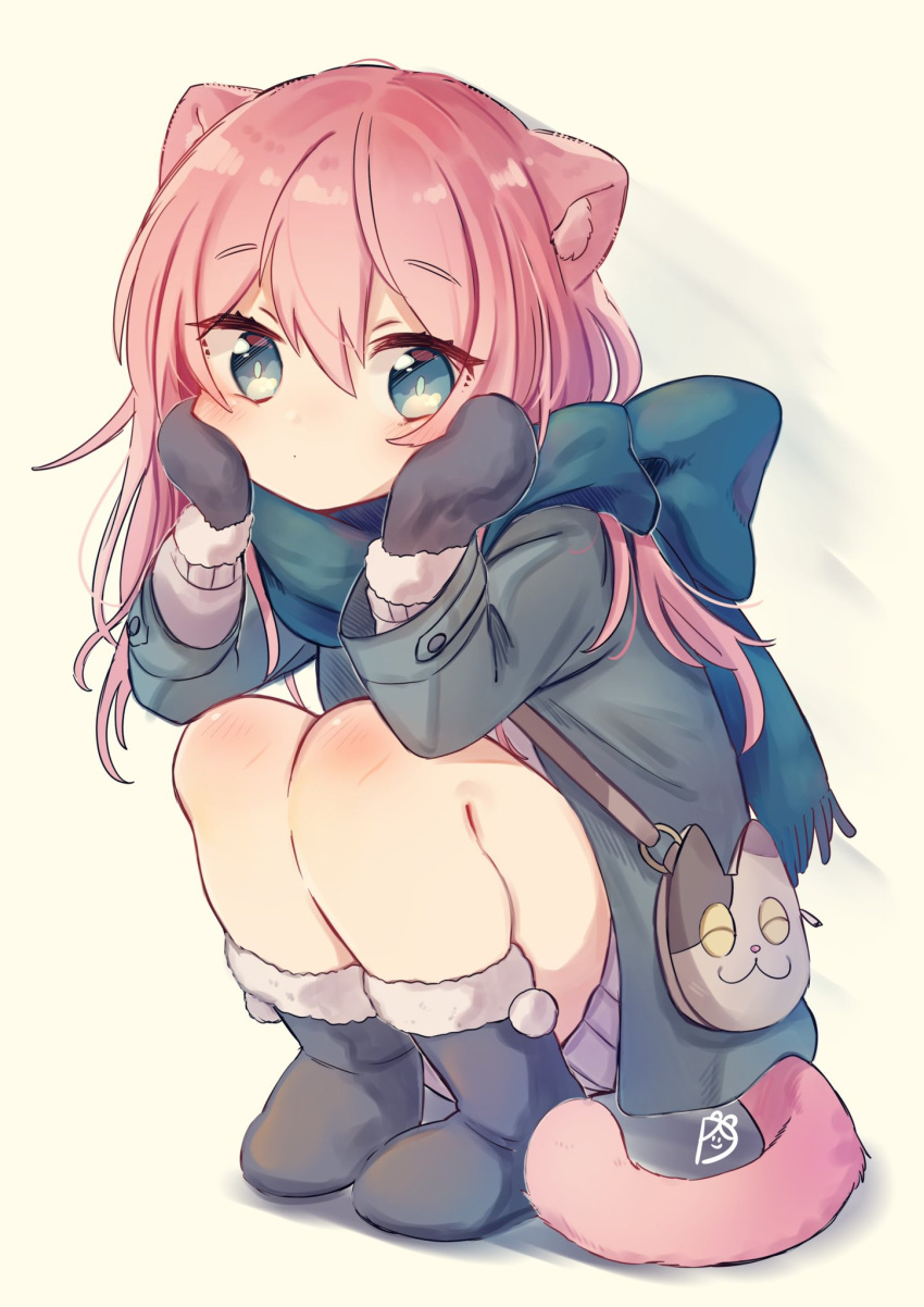 1girl animal_bag animal_ear_fluff animal_ears ankle_boots bag black_footwear blue_eyes blue_scarf boots cat_bag cat_ears cat_girl cat_tail full_body fur-trimmed_boots fur-trimmed_sleeves fur_trim grey_jacket hair_between_eyes hamudetsu handbag hands_up highres jacket knee_blush long_hair long_sleeves looking_at_viewer miniskirt original pink_hair pleated_skirt scarf signature simple_background skirt solo squatting tail