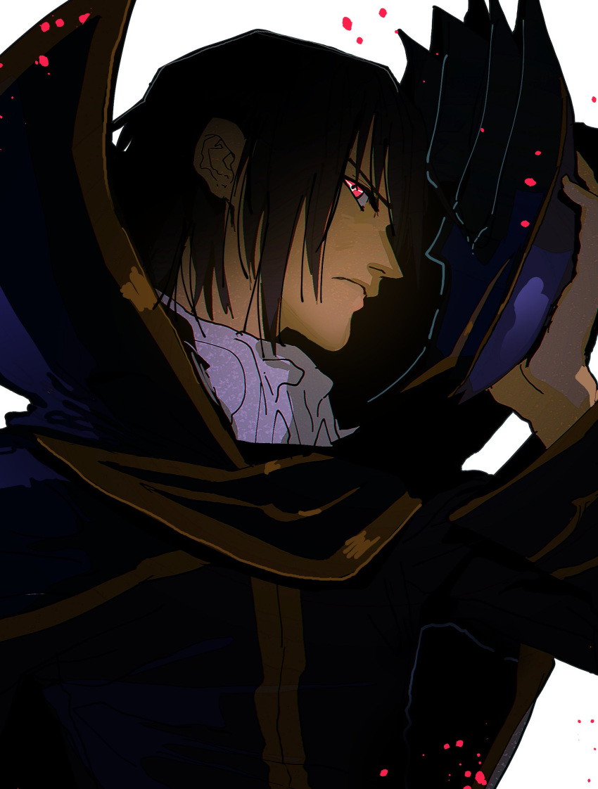 1boy absurdres annoyed ascot brown_hair cloak code_geass geass gold_trim hand_up helmet high_collar highres holding holding_helmet isaacchief300 lelouch_vi_britannia long_sleeves looking_at_viewer mystical_high_collar nose paint_splatter pink_eyes removing_helmet short_hair sideways_glance simple_background solo straight_hair upper_body white_ascot