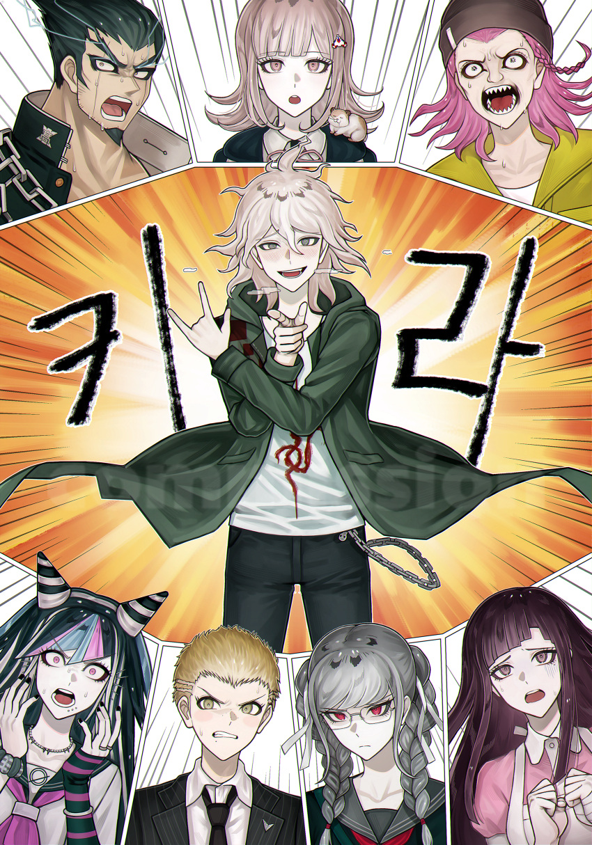 4boys 4girls :d absurdres black_hair black_necktie black_pants braid d: danganronpa_(series) danganronpa_2:_goodbye_despair emphasis_lines facial_hair flipped_hair galaga goatee green_jacket grey_hair hair_horns hair_ornament hair_ribbon hamster_on_shoulder hands_up highres jacket komaeda_nagito kuzuryu_fuyuhiko medium_hair meitna messy_hair mioda_ibuki multiple_boys multiple_girls nanami_chiaki necktie nidai_nekomaru open_clothes open_jacket pants pekoyama_peko pointing pointing_at_viewer print_shirt ribbon shirt short_hair smile soda_kazuichi striped_clothes striped_jacket surprised teeth tsumiki_mikan twin_braids upper_teeth_only white_hair