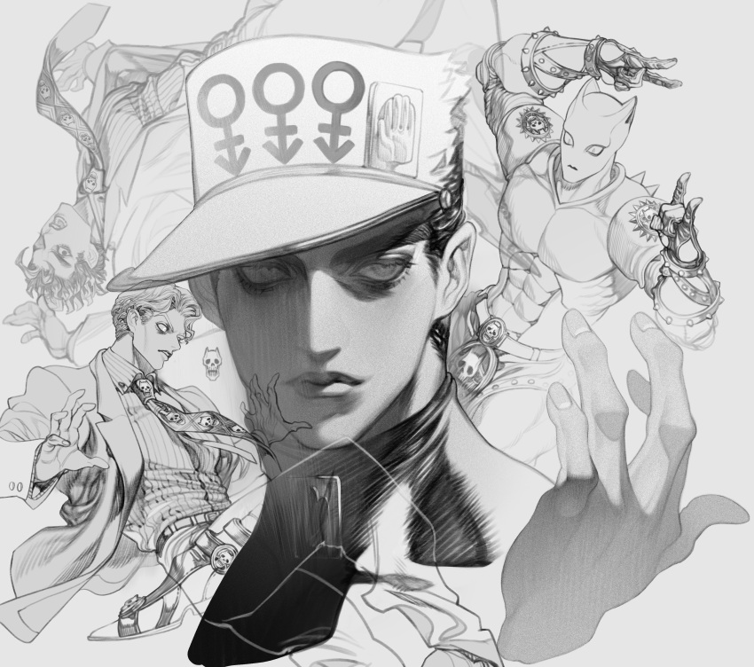 2boys abs absurdres anchor_symbol bow bowtie cropped_head diamond_wa_kudakenai facing_viewer formal greyscale hat highres jacket jojo_no_kimyou_na_bouken kidlu_jiu killer_queen kira_yoshikage kujo_jotaro looking_to_the_side monochrome multiple_boys multiple_views muscular open_clothes open_jacket print_bow print_bowtie skull_print stand_(jojo)