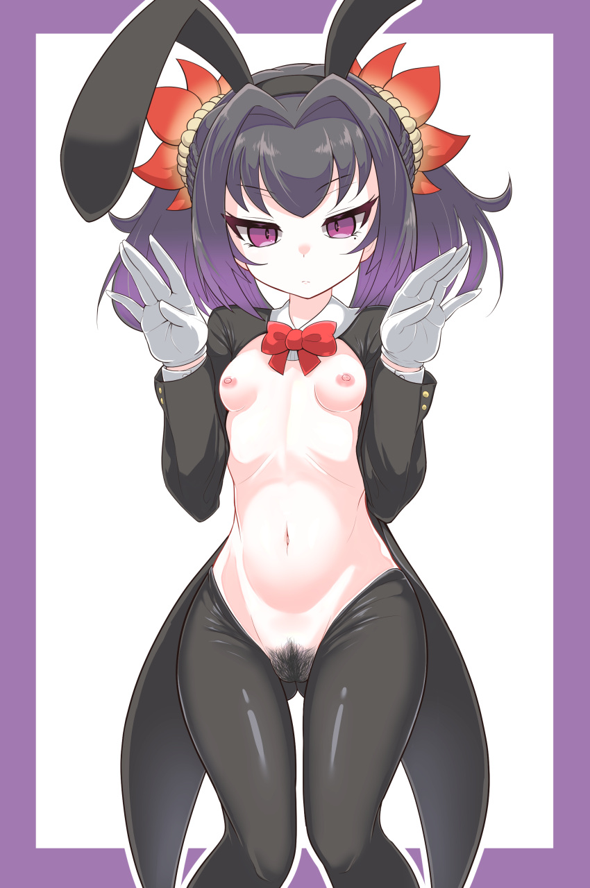 absurdres animal_ears antenna_hair ass_visible_through_thighs border bow bowtie breasts coattails fake_animal_ears flower gloves hair_flower hair_ornament hairband highres long_hair looking_at_viewer meme_attire mole mole_under_eye pubic_hair purple_border purple_eyes purple_hair rabbit_ears reverse_bunnysuit reverse_outfit rnt_(251139) shrug_(clothing) simple_background small_breasts symonne_(tales) tales_of_(series) tales_of_zestiria white_gloves