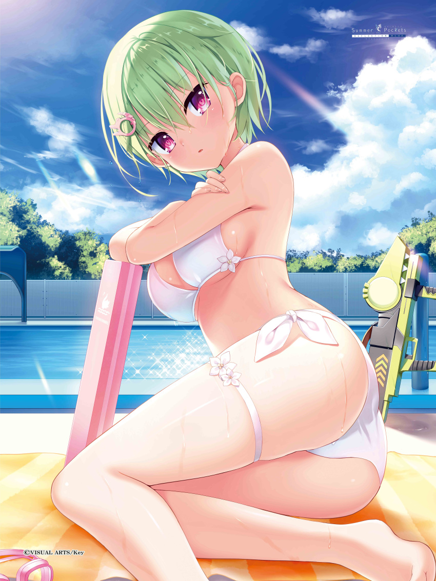 1girl absurdres ass bare_arms bare_legs bikini blue_sky breasts cloud copyright_name crocodile_hair_ornament day foot_out_of_frame green_hair highres humuyun incredibly_absurdres key_(company) looking_at_viewer medium_breasts nomura_miki official_art outdoors pool poolside short_hair sideboob sky solo summer_pockets swimsuit thigh_strap thighs underboob water_gun wet