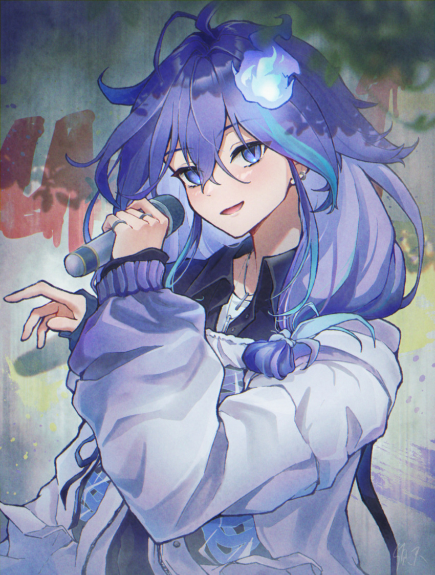 1boy androgynous blue_hair blush earrings gradient_jacket hair_between_eyes haru1suama highres holding holding_microphone holostars jacket jewelry long_hair long_sleeves looking_at_viewer microphone minase_rio_(1st_costume) multiple_rings necklace open_mouth purple_eyes purple_hair ring smile upper_body virtual_youtuber