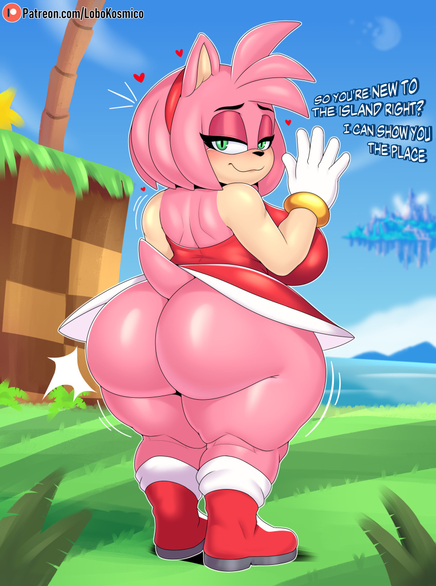 &lt;3 absurd_res amy_rose angel_island anthro big_breasts big_butt blush bottomless bottomwear breasts bubble_butt butt clothed clothing curvy_figure detailed_background digital_drawing_(artwork) digital_media_(artwork) eulipotyphlan female footwear fur gloves grass green_eyes hair handwear hedgehog hi_res huge_butt lobokosmico looking_at_viewer looking_back mammal multicolored_body outside palm_tree pink_body pink_fur pink_hair plant rear_view sea sega short_stack skirt sky smile solo sonic_the_hedgehog_(series) tail text thick_thighs tree two_tone_body water wide_hips
