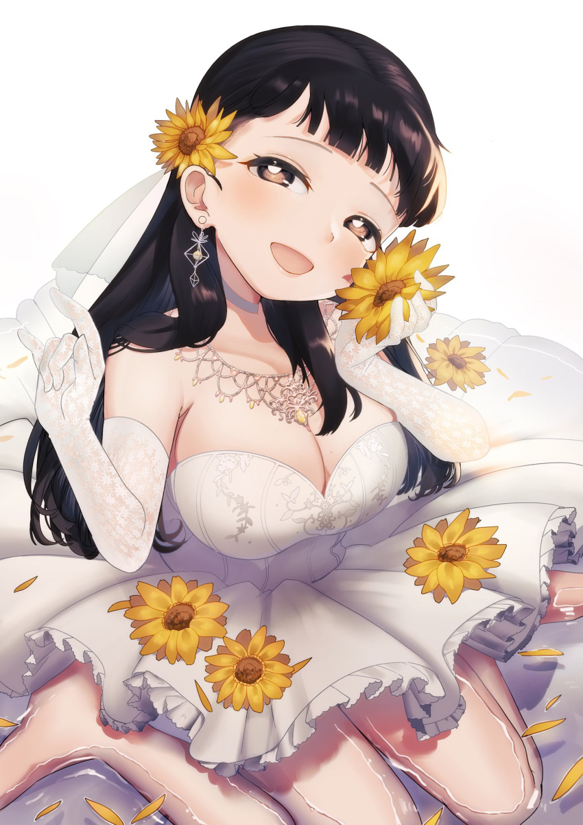 1girl aged_up black_hair blunt_bangs breasts bridal_veil cleavage doraemon dress earrings elbow_gloves flower genderswap genderswap_(mtf) gloves hair_flower hair_ornament heart heart-shaped_pupils highres holding holding_flower jewelry large_breasts long_hair looking_at_viewer necklace nobi_nobita open_mouth partially_submerged petals pinky_out shisui_(5830217) short_bangs short_dress sitting smile solo sunflower sunflower_hair_ornament symbol-shaped_pupils unworn_eyewear veil wariza wedding_dress white_background