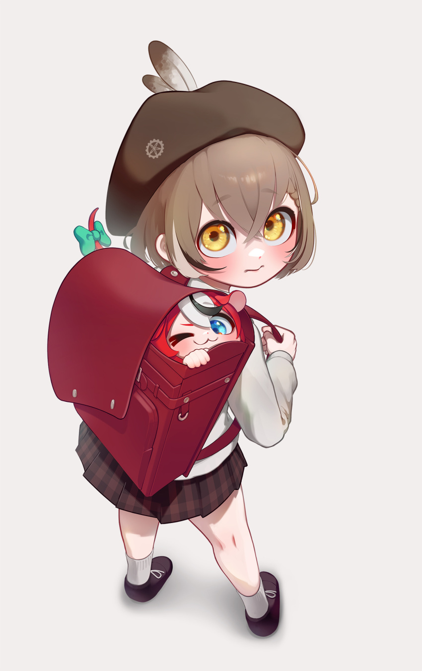 2girls ;3 absurdres appleblossomtea backpack bag beret black_hair blue_bow blue_eyes blush bow brown_eyes brown_footwear brown_hair brown_skirt feather_hair_ornament feathers hair_ornament hairpin hakos_baelz hat highres hololive hololive_english in_bag in_container looking_at_viewer mouse_girl mouse_tail multicolored_hair multiple_girls nanashi_mumei one_eye_closed peeking_out randoseru red_bag red_hair shirt shoes short_hair skirt solo streaked_hair tail tail_bow tail_ornament virtual_youtuber white_background white_hair white_shirt