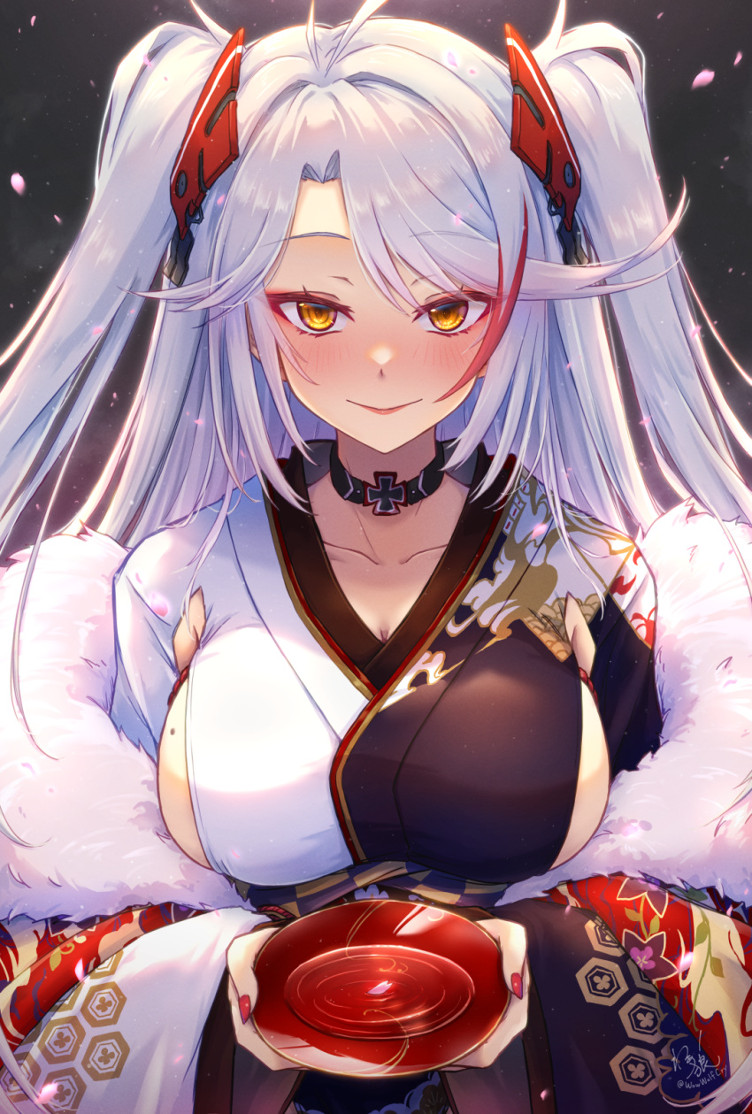 1girl antenna_hair azur_lane blush breasts choker cross cup highres japanese_clothes kimono large_breasts long_hair looking_at_viewer multicolored_hair official_alternate_costume prinz_eugen_(azur_lane) prinz_eugen_(profusion_of_flowers)_(azur_lane) sideboob sideless_kimono smile solo streaked_hair two_side_up upper_body waa!_okami white_hair