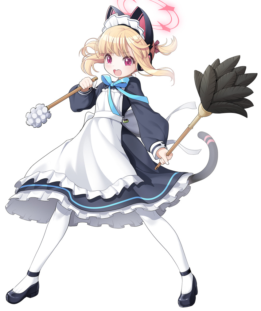 1girl :d animal_ear_headphones animal_ears apron black_dress black_footwear blonde_hair blue_archive commentary_request dress fake_animal_ears frilled_apron frilled_dress frills full_body halo headphones highres holding koflif long_sleeves looking_at_viewer maid maid_apron maid_headdress momoi_(blue_archive) momoi_(maid)_(blue_archive) pantyhose puffy_long_sleeves puffy_sleeves purple_eyes shoes simple_background smile solo standing tail teeth upper_teeth_only white_apron white_background white_pantyhose