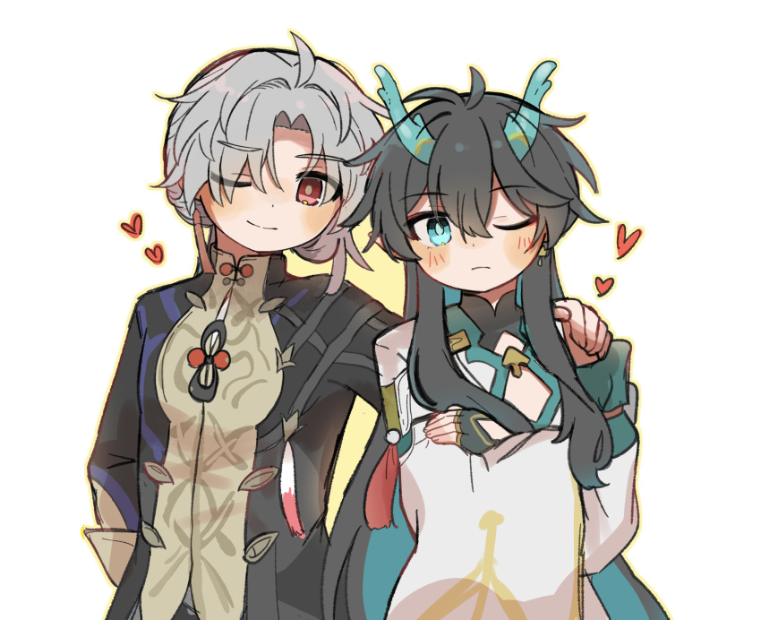 2boys ;( ;) aqua_eyes aqua_horns arm_at_side black_coat black_hair blush button_gap cleavage_cutout closed_mouth clothing_cutout coat collared_coat commentary_request crossed_arms dan_heng_(honkai:_star_rail) dan_heng_(imbibitor_lunae)_(honkai:_star_rail) dot_nose earrings eyeliner fingerless_gloves gloves grey_hair hand_on_another's_shoulder hara_(nanohara) heart highres honkai:_star_rail honkai_(series) horns jewelry long_hair looking_at_viewer makeup male_focus multiple_boys one_eye_closed pointy_ears red_eyeliner red_eyes simple_background smile split_mouth upper_body very_long_hair white_background yingxing_(honkai:_star_rail)