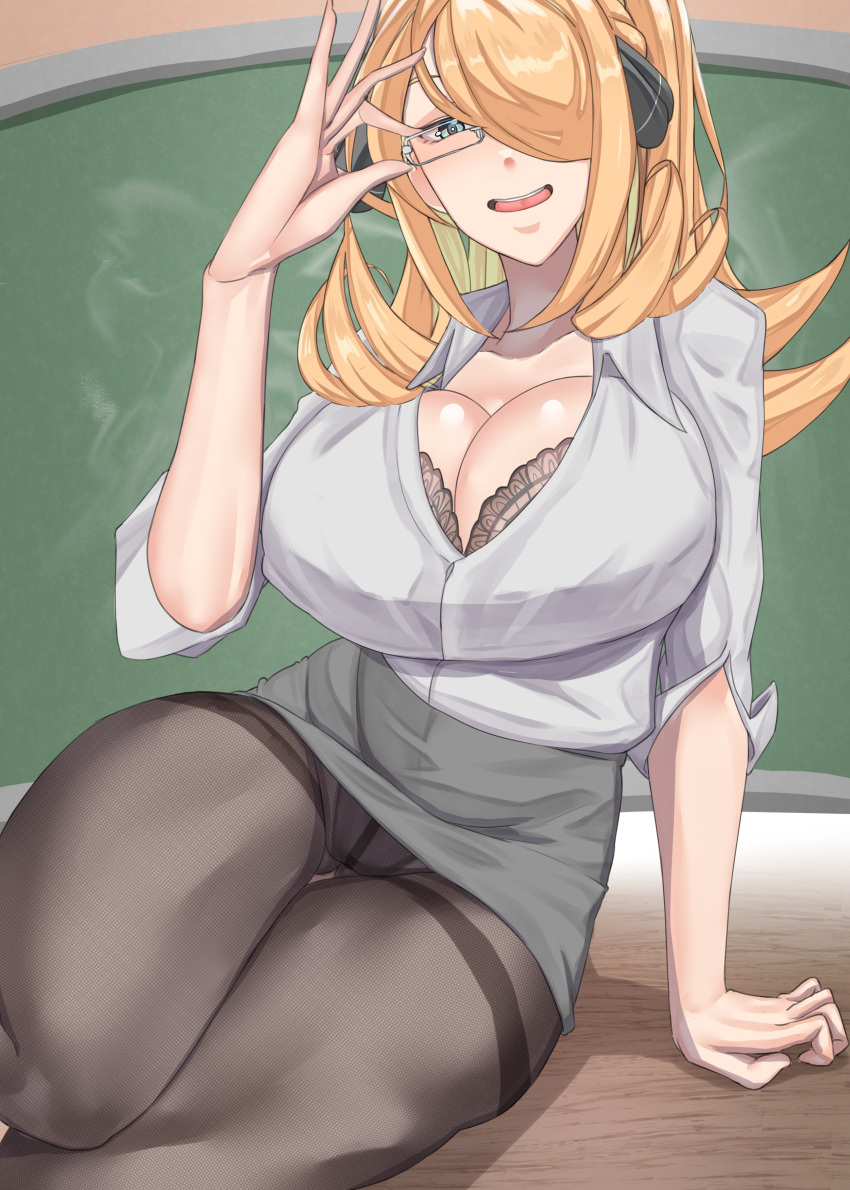 1girl absurdres adjusting_eyewear black_bra black_pantyhose blonde_hair blush bra breasts cleavage commentary_request cynthia_(pokemon) glasses green_eyes hair_over_one_eye highres large_breasts long_hair looking_at_viewer panties_visible_through_clothes pantyhose pokemon pokemon_dppt shirosuke shirt solo teacher underwear white_shirt