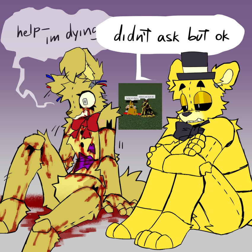 animatronic anthro bear blood bodily_fluids bow_tie clothing dialogue duo five_nights_at_freddy's five_nights_at_freddy's_3 fur g4cruf0 golden_freddy_(fnaf) hat headgear headwear hi_res hindpaw joints lagomorph leporid machine male mammal paws rabbit roblox robot scottgames sitting speech_bubble springtrap_(fnaf) tail top_hat yellow_body yellow_fur