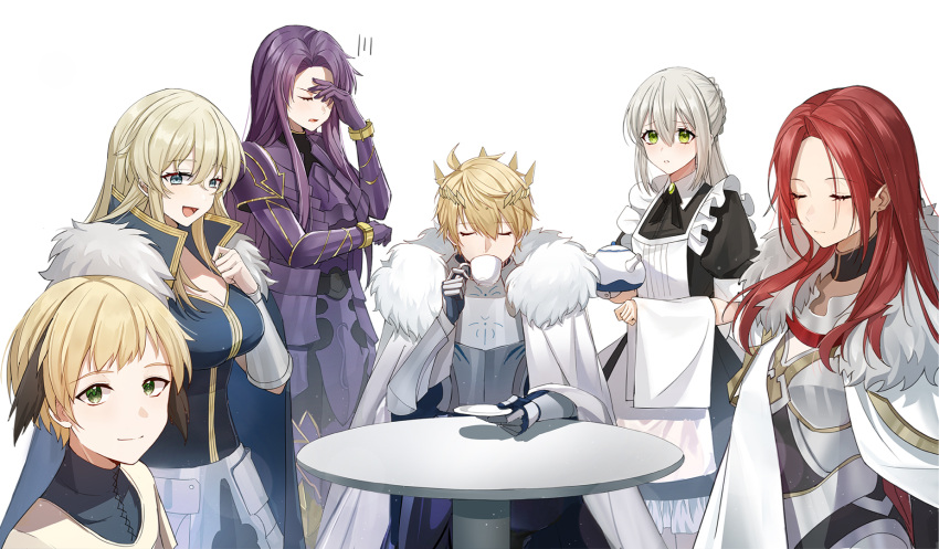 2boys 4girls 9_vcat :d alternate_costume annoyed apron armor artoria_pendragon_(fate) artoria_pendragon_(lancer)_(fate) bedivere_(fate) black_dress blue_cape blue_eyes blush braid breastplate breasts brown_hair cape chinese_commentary cleavage closed_eyes closed_mouth collared_dress cup detached_collar dress drinking enmaided fate/grand_order fate_(series) faulds fur-trimmed_cape fur_trim gareth_(fate) gauntlets gawain_(fate) genderswap genderswap_(ftm) genderswap_(mtf) green_eyes grey_hair hair_between_eyes hair_flaps hand_on_own_chest high_collar highres holding holding_cup holding_saucer holding_teapot holding_towel knights_of_the_round_table_(fate) lancelot_(fate/grand_order) long_hair looking_at_viewer maid maid_apron medium_breasts multicolored_hair multiple_boys multiple_girls open_mouth parted_bangs parted_lips ponytail puffy_short_sleeves puffy_sleeves purple_armor purple_hair recursive_genderswap red_hair rerebrace round_table saucer second-party_source short_sleeves sidelocks simple_background smile table teacup teapot towel tristan_(fate) two-tone_hair white_apron white_background white_cape