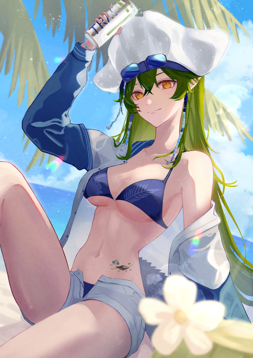 1girl absurdres aoi_tooru arknights bikini bikini_under_clothes blue_bikini blue_sky breasts can closed_mouth day earrings flower gavial_(arknights) gavial_the_invincible_(arknights) gavial_the_invincible_(holiday)_(arknights) green_hair hat highres holding holding_can jacket jewelry knee_up long_hair long_sleeves looking_at_viewer medium_breasts navel off_shoulder open_clothes open_fly open_shirt open_shorts orange_eyes oripathy_lesion_(arknights) outdoors pointy_ears short_shorts shorts single_bare_shoulder sitting sky smile solo stomach swimsuit tattoo underboob very_long_hair white_flower white_headwear white_jacket white_shorts
