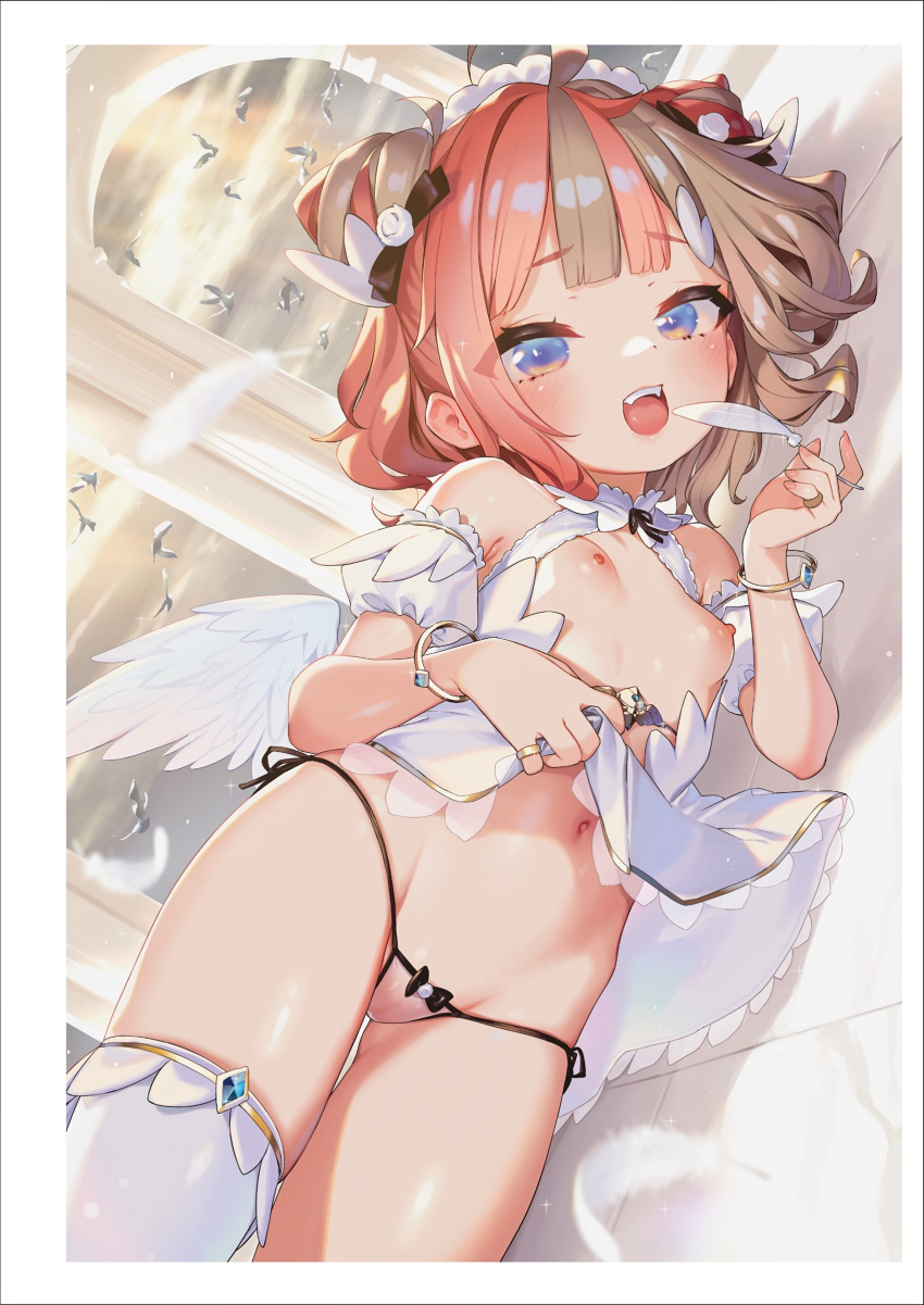 1girl absurdres ahoge angel arch babydoll bangle bare_shoulders bikini bird blue_eyes bow bow_panties bracelet breasts clothes_lift cloud cone_hair_bun cowboy_shot detached_sleeves double_bun dove feathered_wings feathers flock grey_hair hair_bow hair_bun henreader highres holding holding_feather jewelry lifted_by_self looking_at_viewer lying micro_bikini multicolored_hair navel nipples non-web_source on_side open_mouth original panties pink_hair pussy ring see-through_panties short_hair side-tie_panties single_thighhigh skindentation sky small_breasts smile solo swimsuit teeth thigh_gap thighhighs tongue two-tone_hair underwear white_feathers white_thighhighs white_wings wings