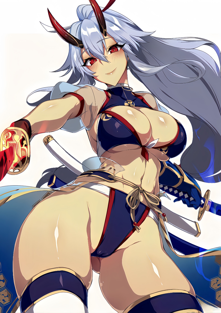 1girl absurdres arm_guards bikini blue_bikini blush breasts cameltoe cleavage closed_mouth dual_wielding fate/grand_order fate_(series) hair_between_eyes highres holding horns katana large_breasts long_hair looking_at_viewer mitsudomoe_(shape) navel non-web_source ponytail puuzaki_puuna red_eyes red_horns sheath short_sleeves sidelocks simple_background smile solo swimsuit sword thighhighs tomoe_(symbol) tomoe_gozen_(fate) tomoe_gozen_(swimsuit_saber)_(fate) tomoe_gozen_(swimsuit_saber)_(third_ascension)_(fate) very_long_hair waist_cape weapon white_background white_hair