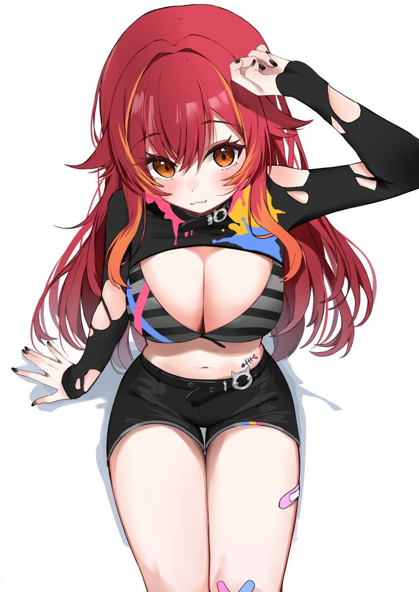 1girl :3 absurdres arm_support arm_up bandaid bandaid_on_knee bandaid_on_leg black_bra black_nails black_shorts black_shrug bra breasts brown_eyes cleavage closed_mouth crossed_bandaids from_above highres large_breasts long_sleeves looking_at_viewer looking_up midriff multicolored_hair nail_polish navel nekota_tsuna nekota_tsuna_(1st_costume) nemun_(tamizzz) orange_hair red_hair short_shorts shorts simple_background solo stomach streaked_hair striped_bra striped_clothes torn_clothes underwear vspo! white_background