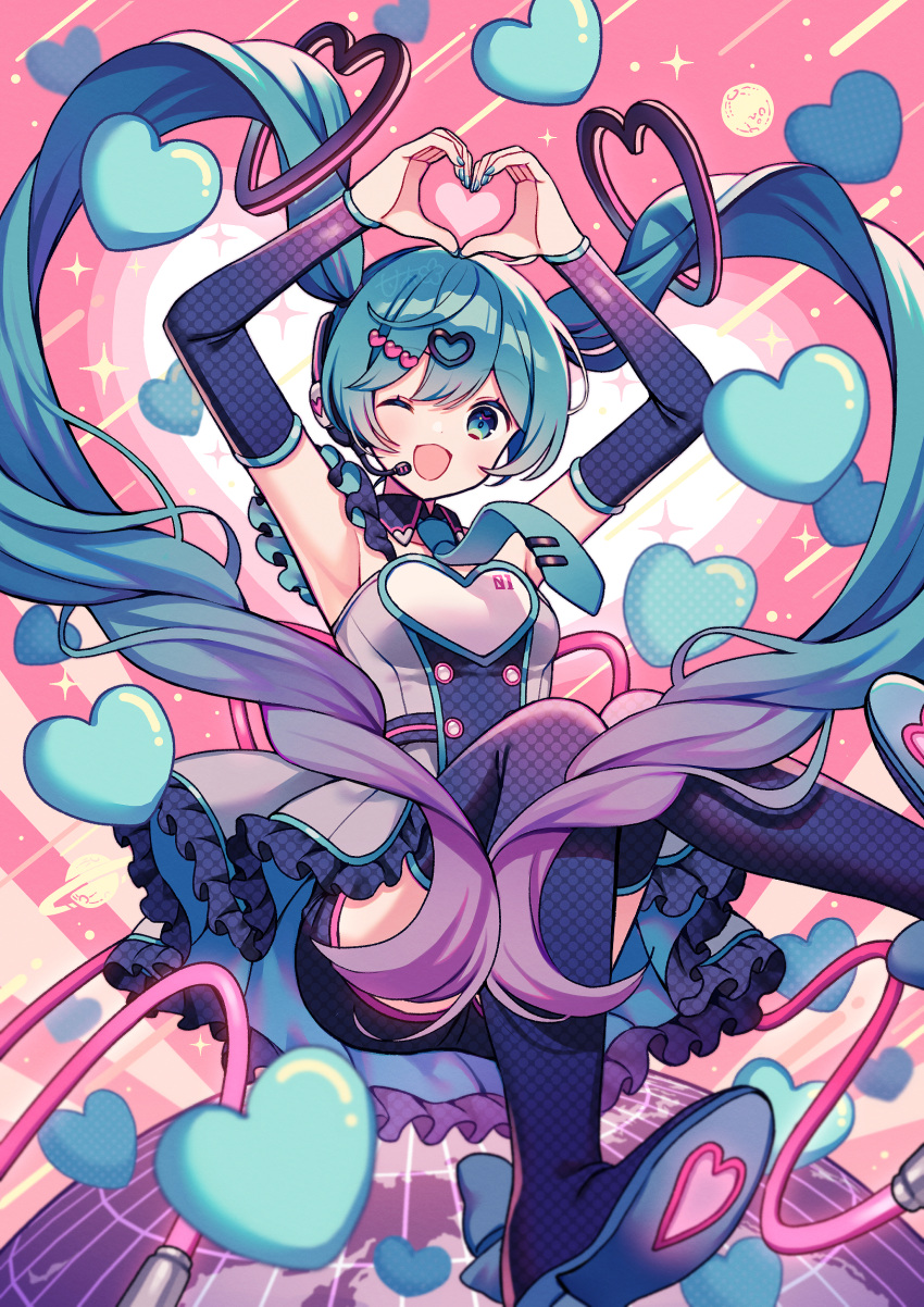 1girl amagi_hana armpits arms_up black_sleeves black_thighhighs blue_eyes blue_hair blue_necktie breasts cable detached_collar detached_sleeves dress full_body gradient_hair grey_dress hair_ornament hatsune_miku heart heart_hair heart_hair_ornament heart_hands highres layered_dress looking_at_viewer medium_breasts multicolored_hair necktie one_eye_closed open_mouth pink_background planet purple_hair simple_background smile solo thighhighs vocaloid