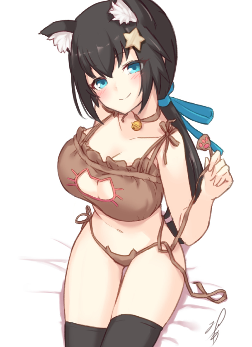 1girl animal_ear_fluff animal_ears bell black_hair black_thighhighs blue_eyes blue_ribbon blush bra breasts brown_bra brown_choker brown_panties cat_cutout cat_ear_panties cat_ears cat_lingerie choker cleavage cleavage_cutout closed_mouth clothing_cutout collarbone cowboy_shot frilled_bra frills from_above hair_between_eyes hair_ornament hair_ribbon hand_up head_tilt highres holding jingle_bell large_breasts long_hair looking_at_viewer low_ponytail meme_attire navel neck_bell original panties ponytail ribbon side-tie_panties sitting smile soanote solo star_(symbol) star_hair_ornament strap_pull thigh_gap thighhighs underwear untied_panties white_background