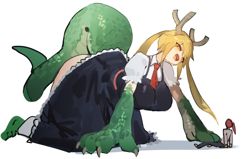 animal_humanoid anthro big_breasts blonde_hair breasts clothed clothing dragon dragon_humanoid duo female hair hi_res horn horned_humanoid huge_breasts humanoid mammal miss_kobayashi's_dragon_maid scales tail tohru_(dragon_maid) utterangle