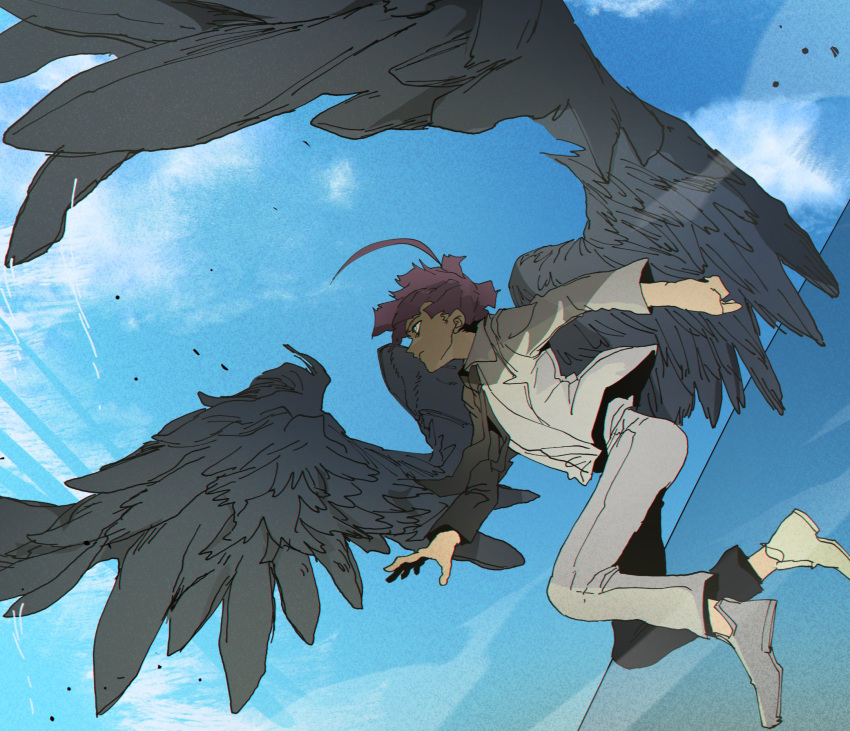 1boy ahoge bad_hands blue_eyes blue_sky closed_mouth collared_shirt feathered_wings floating_clothes floating_hair flying foreshortening from_below from_side grey_footwear grey_pants grey_suit grey_wings highres huge_ahoge isaacchief300 lapels large_wings long_sleeves looking_up male_focus necktie open_hand original outdoors pant_suit pants purple_hair shirt sky solo suit wings