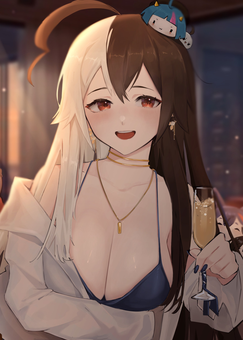 1girl absurdres ahoge alcohol blue_dress blue_nails breasts brown_hair champagne champagne_flute coat cup dress drinking_glass earrings gown hair_between_eyes highres holding holding_cup indoors jewelry large_breasts long_hair long_sleeves looking_at_viewer momote momote_(vtuber) multicolored_hair necklace night off_shoulder open_mouth red_eyes smile solo two-tone_hair virtual_youtuber vyugen white_coat white_hair