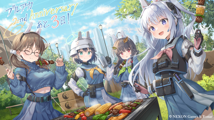 4girls :d :o ahoge animal_ears anniversary bell_pepper_slice black_gloves black_hair blue_archive blue_eyes blue_shirt blue_skirt blue_sky blue_sweater brown_hair cityscape cloud cloudy_sky cooking corn day earpiece eating fake_animal_ears food gloves green_neckerchief grill grilling halo helmet hime_cut hirokazu_(analysis-depth) holding holding_food holding_skewer kebab leaf leaf_on_head long_hair long_sleeves meat miyako_(blue_archive) miyu_(blue_archive) moe_(blue_archive) multiple_girls neckerchief official_art open_mouth outdoors pink_eyes pink_neckerchief purple_eyes rabbit_ears rabbit_platoon_(blue_archive) round_eyewear saki_(blue_archive) sausage school_uniform shirt short_hair skewer skirt sky smile sweater tactical_clothes white_hair yellow_neckerchief