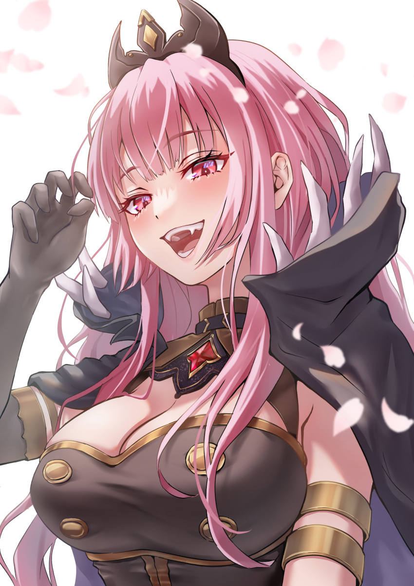 1girl black_cape black_dress blush breasts cape cleavage collared_cape dress falling_petals fangs high_collar highres hololive hololive_english large_breasts long_hair looking_at_viewer mori_calliope mori_calliope_(1st_costume) open_mouth petals pink_eyes pink_hair rainbow--chaser smile upper_body virtual_youtuber white_background