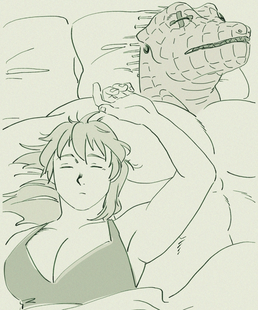 1boy 1girl abs animal_head bra breasts caiman_(dorohedoro) cleavage couple cuddling dorohedoro green_theme hetero highres jade_drop large_breasts large_pectorals long_hair lying monochrome muscular muscular_male nikaidou_(dorohedoro) nipples nude on_back pectorals sleeping sleeping_on_person spikes under_covers underwear upper_body